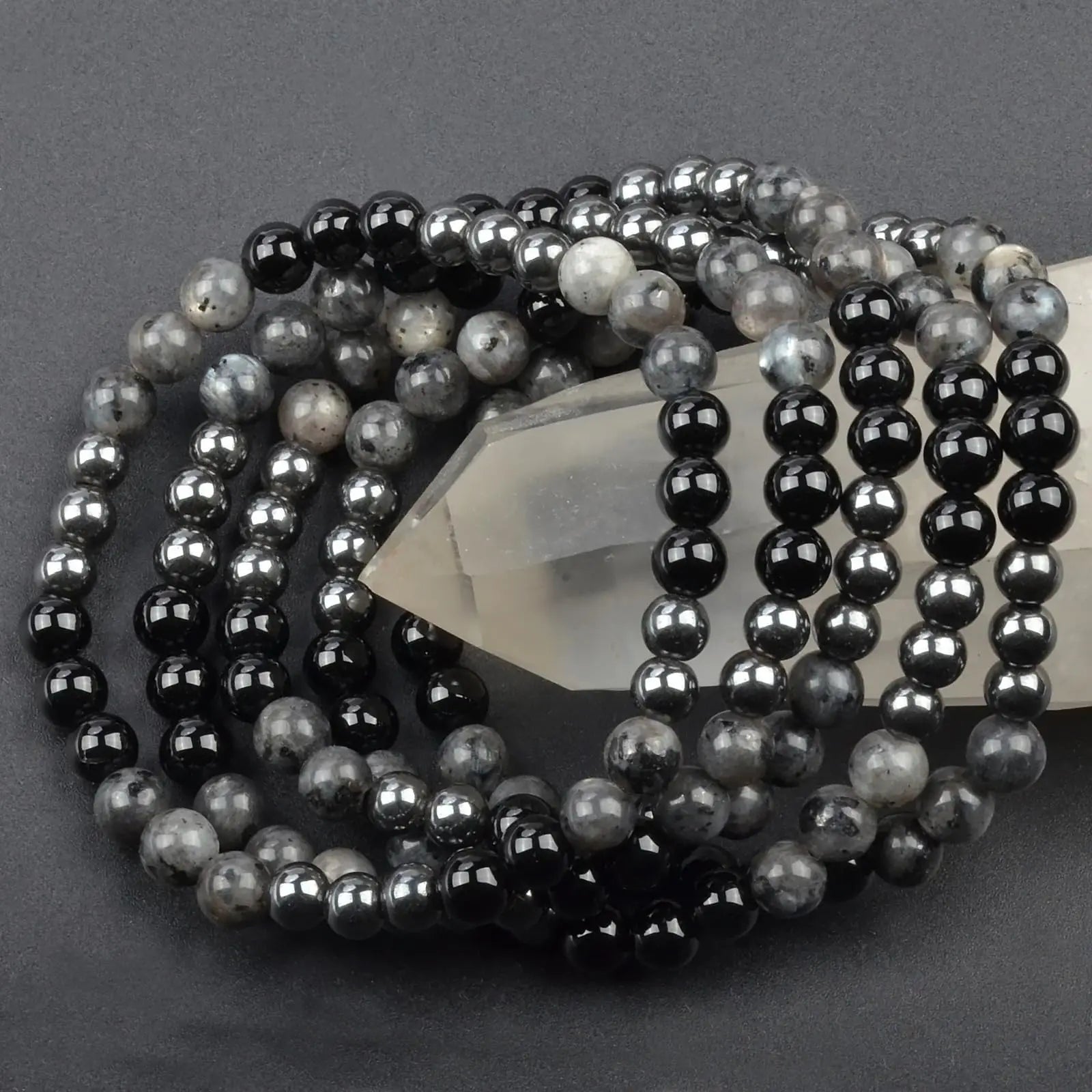 Handmade Classic Natural Stone Beaded Bracelet 8mm Competitive Black Larvikite Labradorite Onyx Yoga Elastic Stretch Bracelet