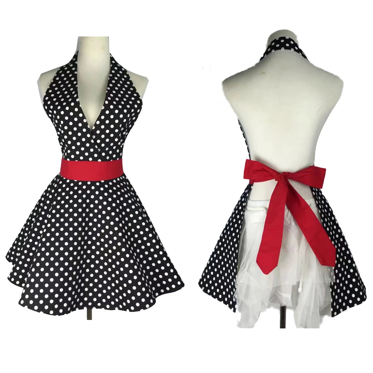 Cotton V Neckline Polka Dot Vintage Fashion Dress Apron