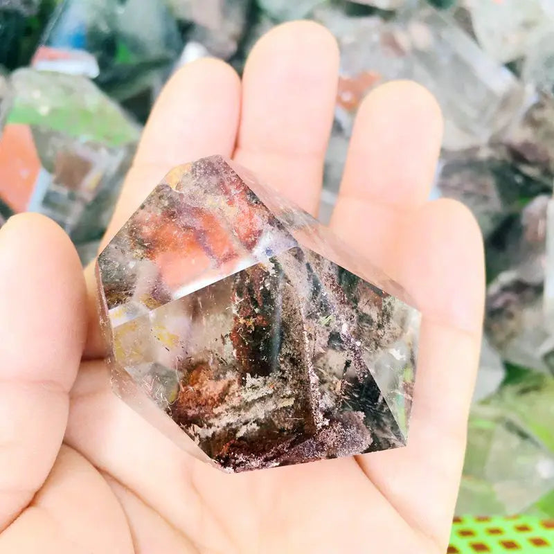 Natural Hand Carved Green Ghost Phantom Quartz Crystal Freeform Tumbled Stone Healing Cube for Home Decoration