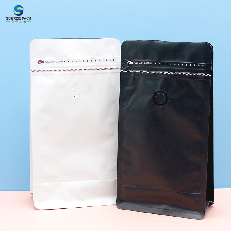Packing Manufacturer Aluminum Foil Recyclable Printed Flat Bottom Bean Custom Packaging Coffee Bag With Valve and Zipper