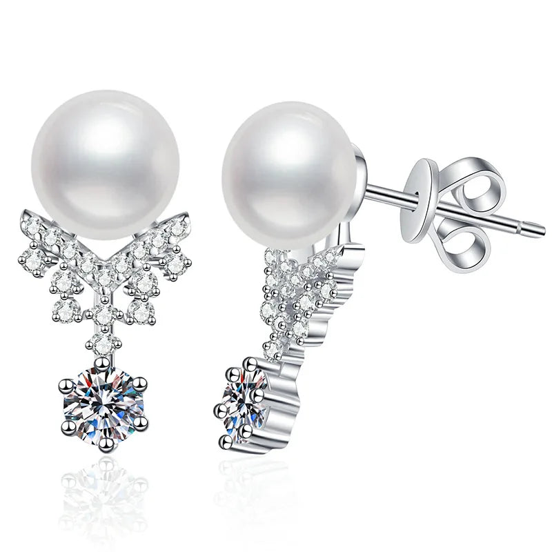 Fine Jewelry S925 Silver Claw Claw Setting Round Cut 6CT VVS Moissanite Crown 8MM Freshwater Pearl Stud Earrings for Women 12/15