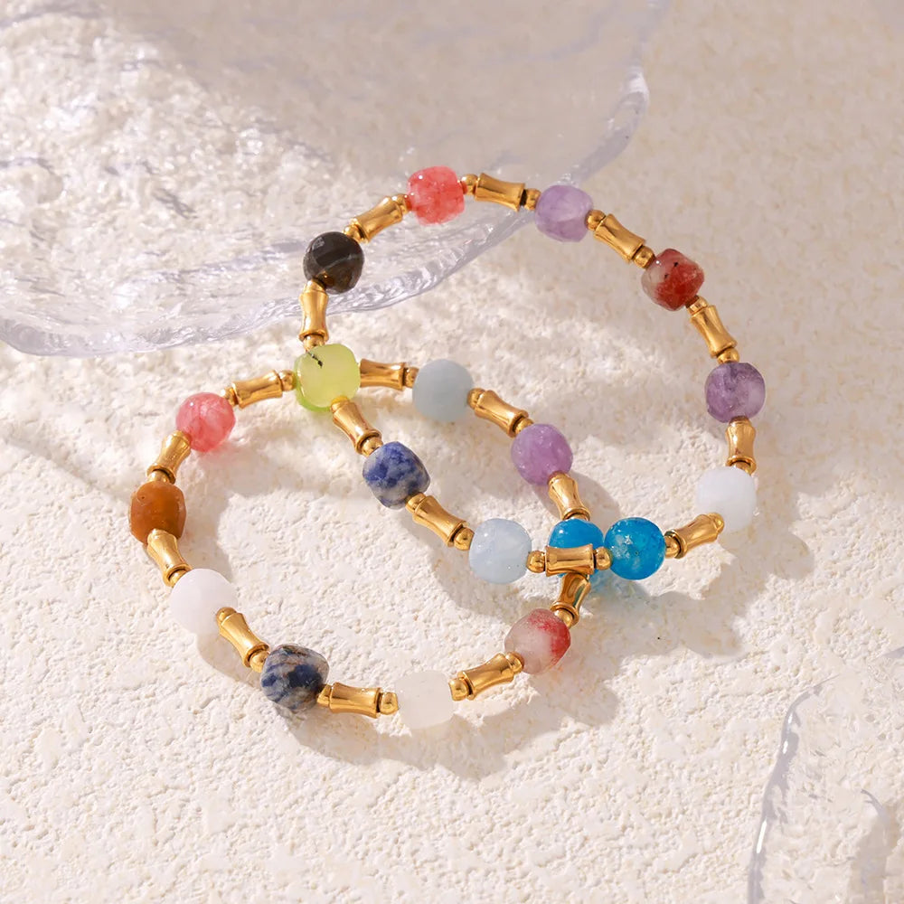 Bohemian Style Gold Plated Titanium Steel for Bracelet Colorful Natural Stone Beads Cute Gift for Buddhism Followers