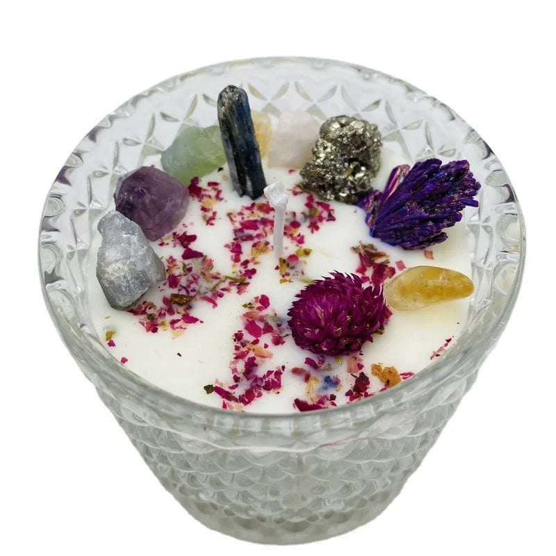 Natural Raw Amethyst Kyanite Pyrite Fluorite Celestite Citrine Rose Quartz clear Quartz  Crystal Stone and Flower Candle Holder