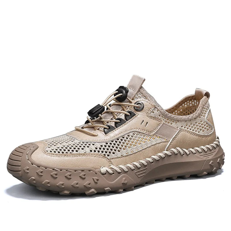 Factory Supply Custom LOGO Service Leather Mesh Breathable Upper Hand Made Sewing Toe Closed Protect Men Summer Sport Sandals