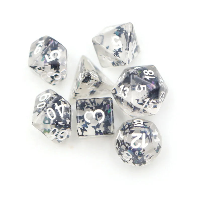 DND Resin Polyhedral RPG Black butterfly with White Ink Dice Set 16mm Size for DND Games OEM Customizable