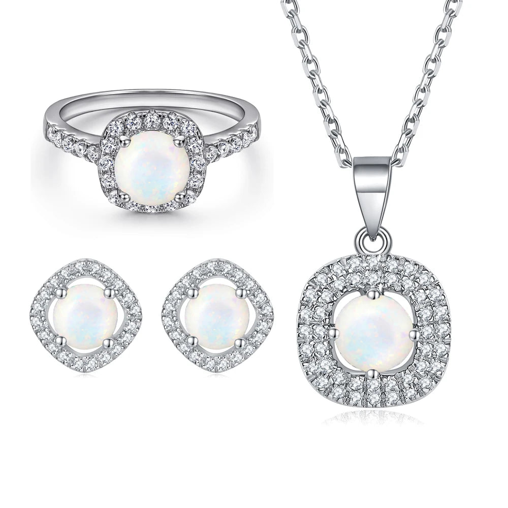 Fashion 925 Sterling Silver Real White Opal Gemstone Jewelry Set with Prong Setting Bling Cubic Zircon