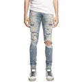 Custom OEM & ODM Men Jeans Men Y2K Heavy Distressed Washed High Elasticity Ripped Holes Splash Ink Classic Slim Fit Jeans Men