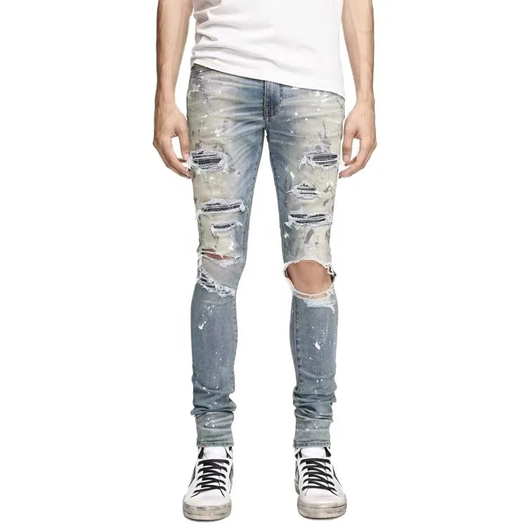 Custom OEM & ODM Men Jeans Men Y2K Heavy Distressed Washed High Elasticity Ripped Holes Splash Ink Classic Slim Fit Jeans Men