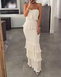 New Solid Color Pleats Waist Tight Slim Long Dress Women Fashion Bandeau Shirred Ruffle Hem Layered Dress