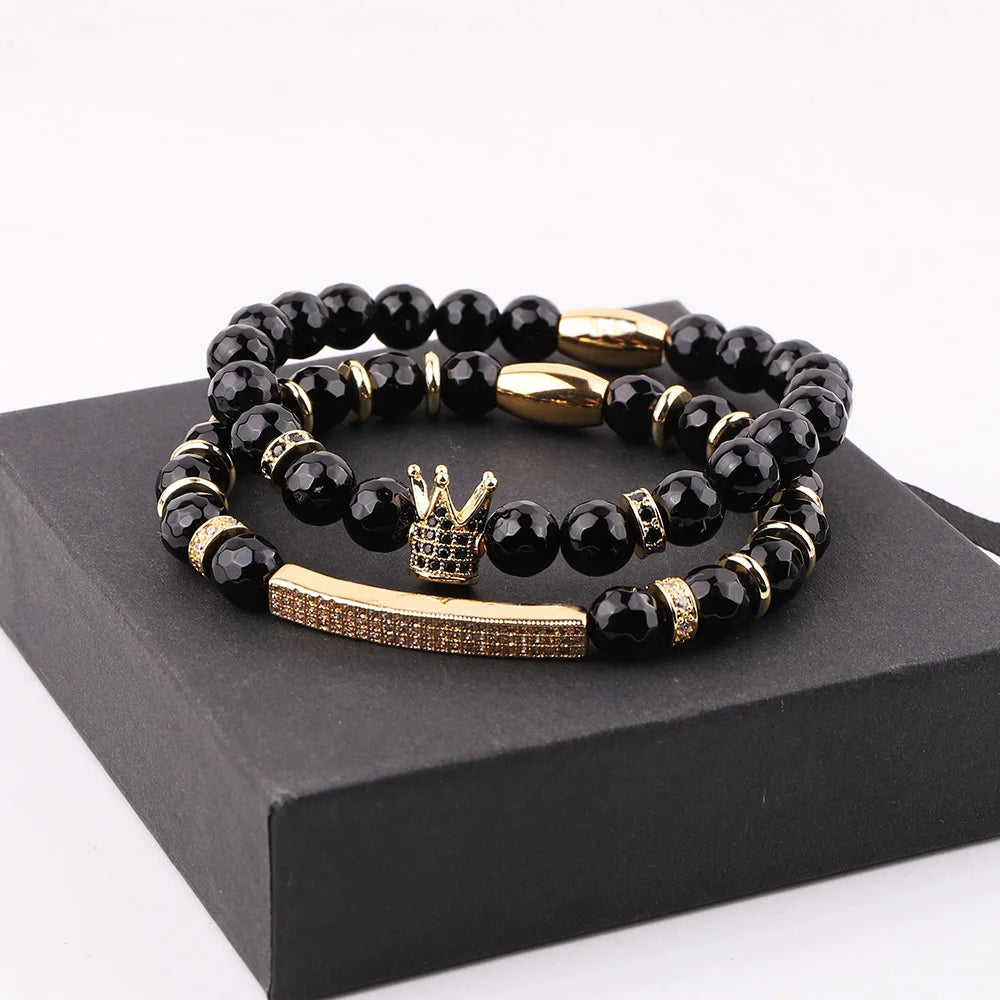 New Design Natural Stone Black Agate CZ King Crown Charm Custom Logo Elastic Bracelet Men JBS12625