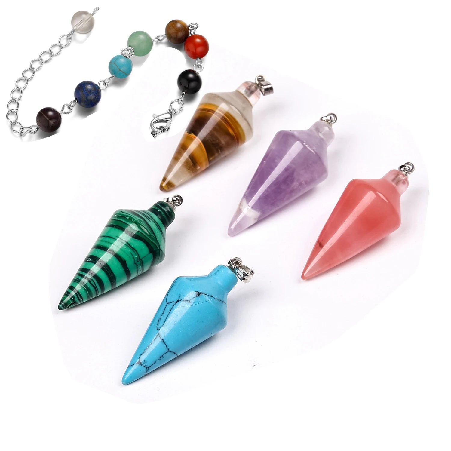 Crystal Dowsing Pendulum 7 Chakra Reiki Healing Gemstone Points Orgone Pendulums Drop Pendant for Divination Meditation Wicca