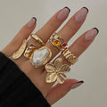 MC265 Wholesale 6pcs/set Alloy Open Adjustable Ring Sets Retro Irregular Pearl Flower Acrylic Rhinestone Ring Women Fashion Ring