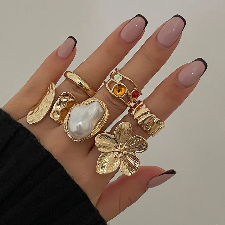 MC265 Wholesale 6pcs/set Alloy Open Adjustable Ring Sets Retro Irregular Pearl Flower Acrylic Rhinestone Ring Women Fashion Ring