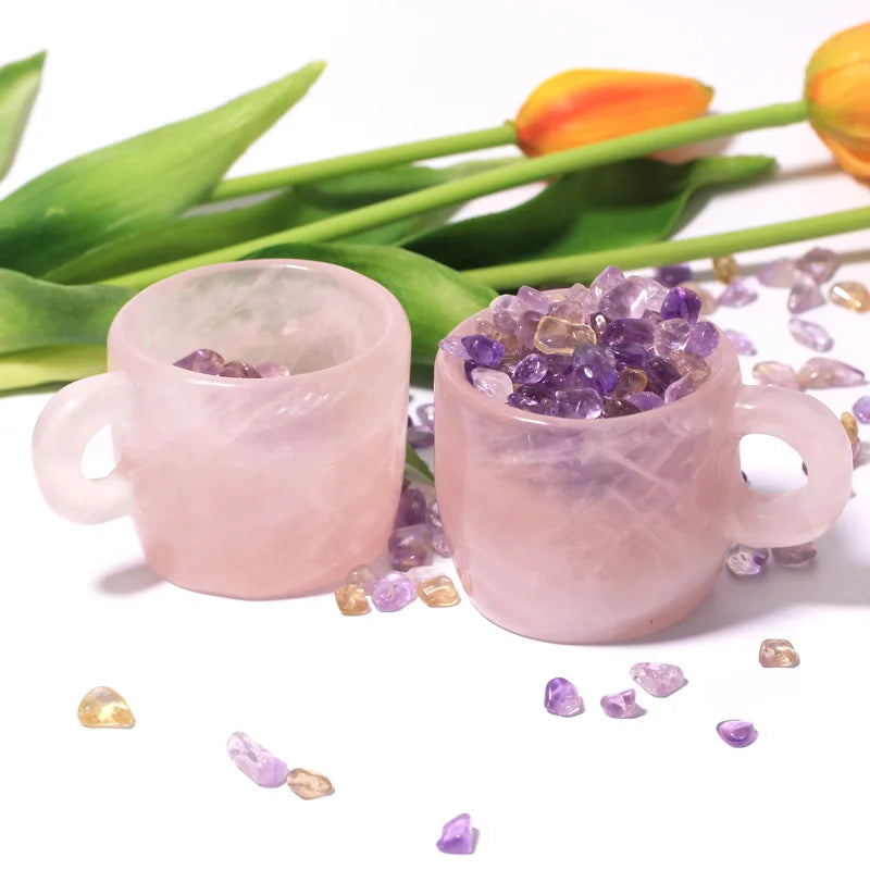 Wholesale Hand Carved Natural Rose Quartz Crystal Cup Healing Stone for Love-Themed Decor Folk Crafts Souvenir Gift