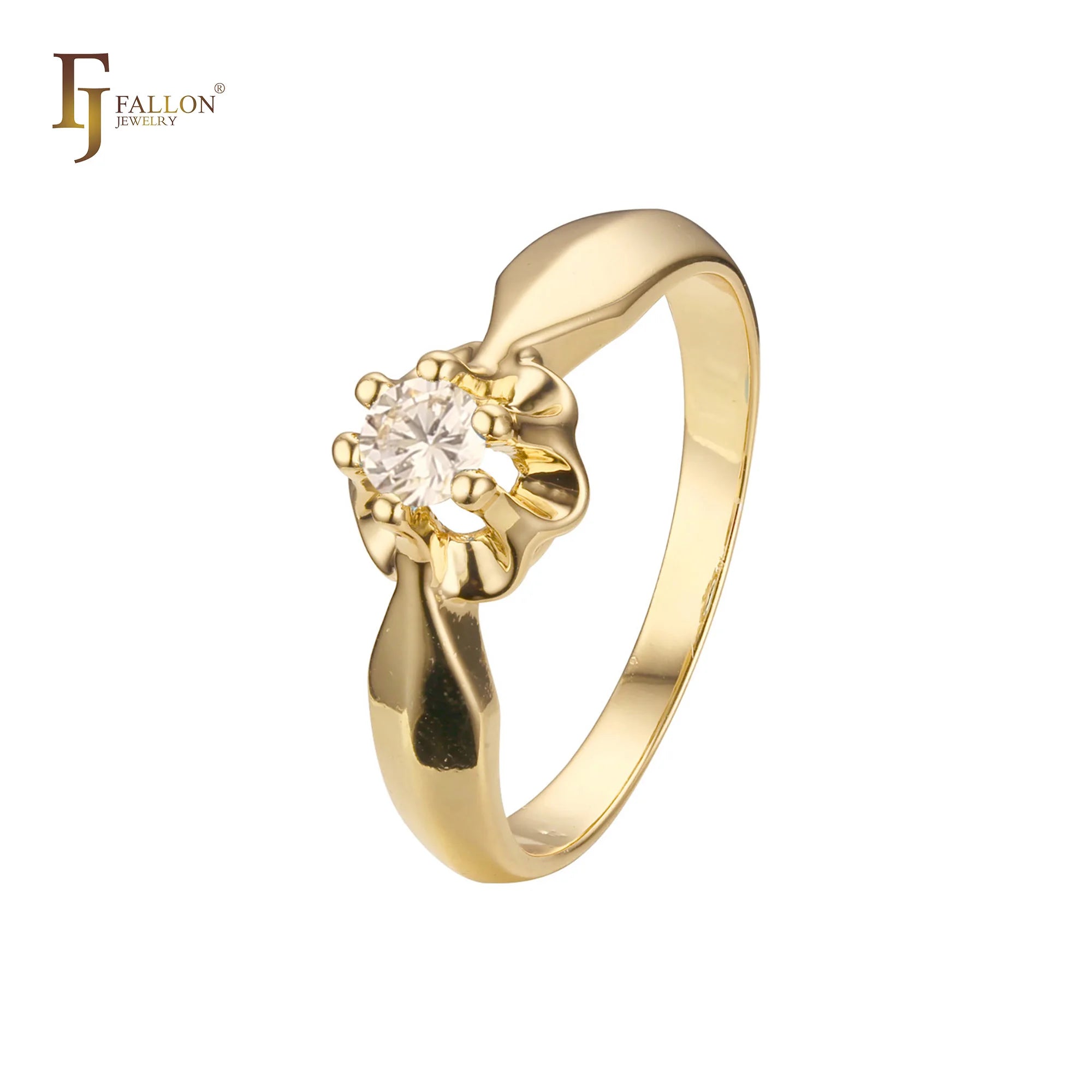 FJ Fallon Fashion Jewelry Solitaire Round CZ Rings Plated in 14K Gold Brass Based Split