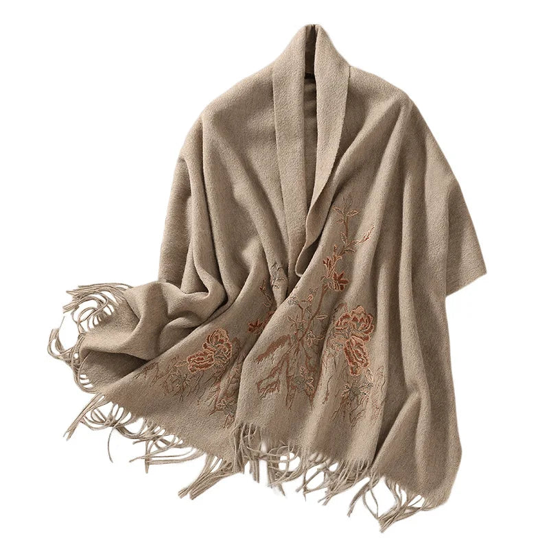 200x60cm Winter Women's 100% Wool Embroidery Flower Shawls Echarpes Tassels Scarves Pashmina Cape Muffler Chal Mantilla Wrap