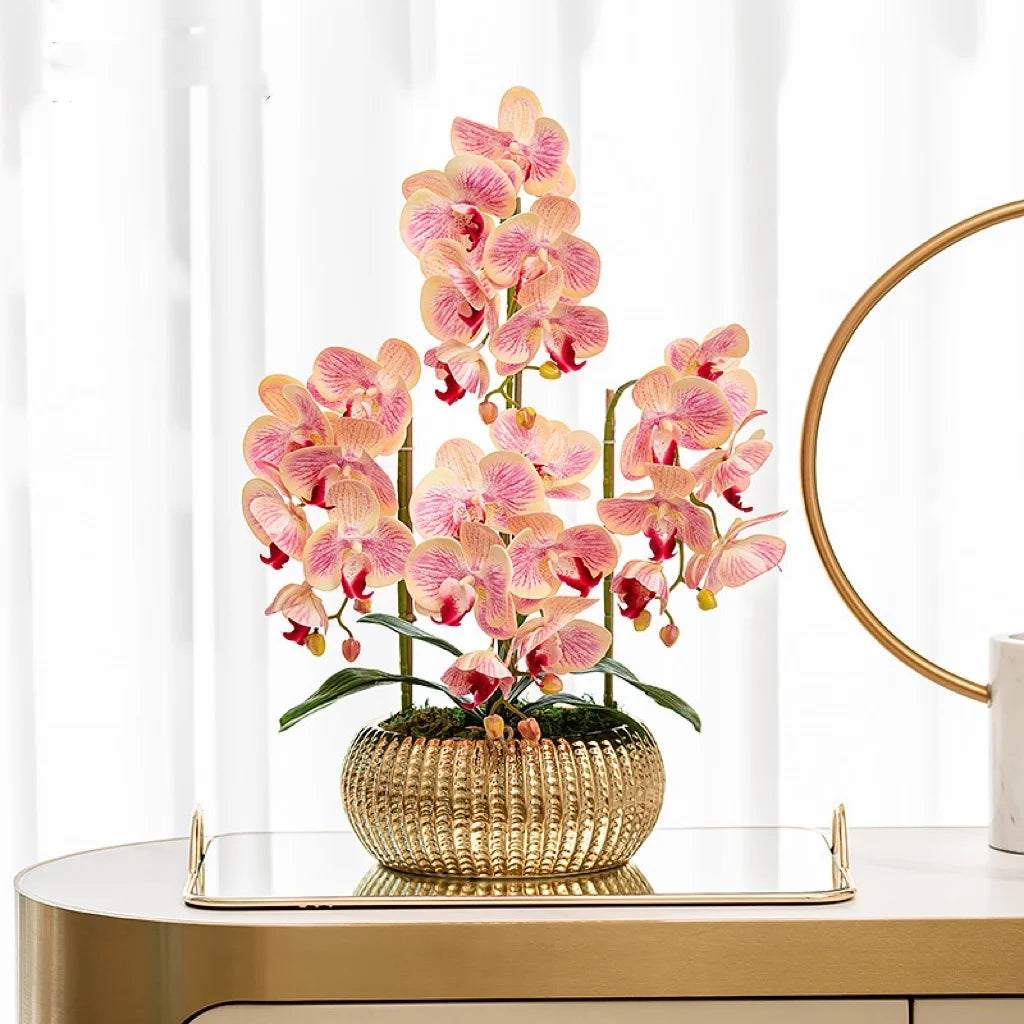 High Quality Orchid Flower Potted Plants 3D Printing Natural Touch PU Artificial Butterfly Orchid Flowers with Golden Pot