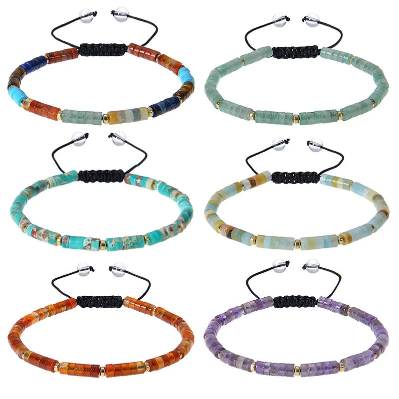 Women's Bohemian 4mm Woven Bracelet with Natural Amethyst Onyx Stones Diamond and Adjustable Bead Bracelet