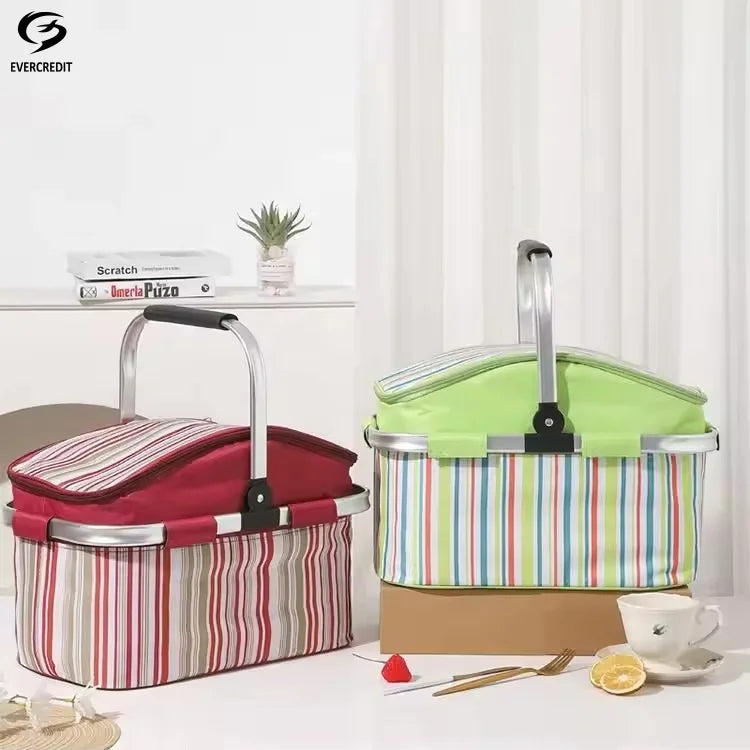 Evercredit Outdoor Portable Waterproof Striped Picnic Cooler Bags 600D Stylish Lunch Tote Insulated Bag Basket for Travel All