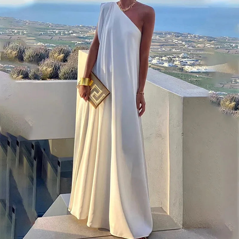 2024 Clothing Women White Casual Party Dress Popular One Shoulder Sleeveless Long Dress