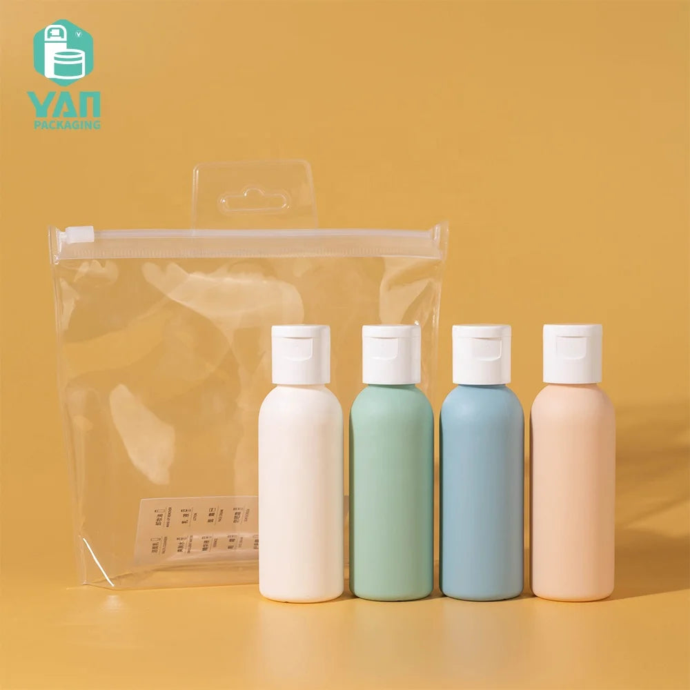 YAN Packaging 4-Piece Travel Set 60ml HDPE Plastic Cosmetics Shampoo Squeeze Bottles with Flip Top Cap Flat Shape Screw Seal