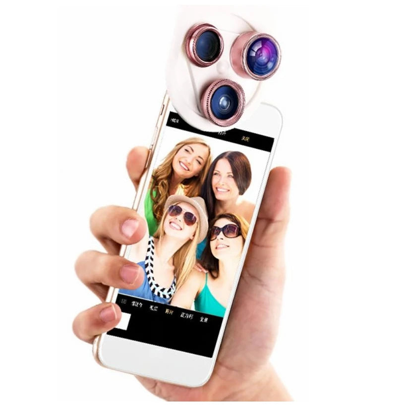 Factory Price Cell Phone Lens 4 in 1 Rotating Clip 15X Macro 0.63X Wide-angle 198 Degree Fish Photo Mobile Camera Lenses