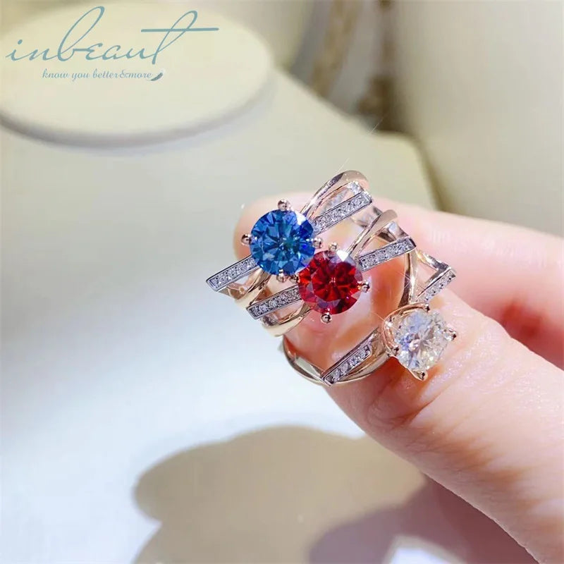 Silver 925 Original 1 Carat Brilliant Cut Diamond Test Past D Color Red Blue Moissanite Ring for Teen Girls Gemstone Jewelry