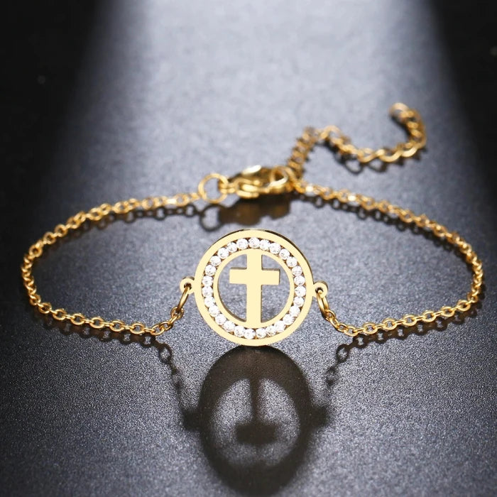 Christian Religious Jewelry Crystal Paved Silver/Gold 18K Gold Plated High Polish Stainless Steel 304/316L Cross Charm Bracelet