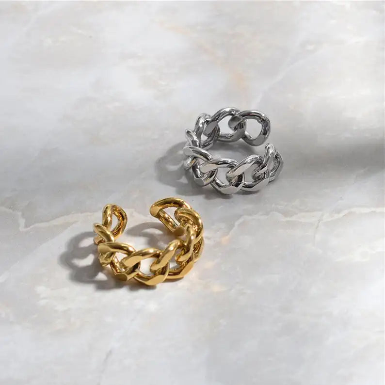 Stainless Steel Gold Thick Long Link Chain Ring Statement Ring Chunky Open Adjustable Link Ring