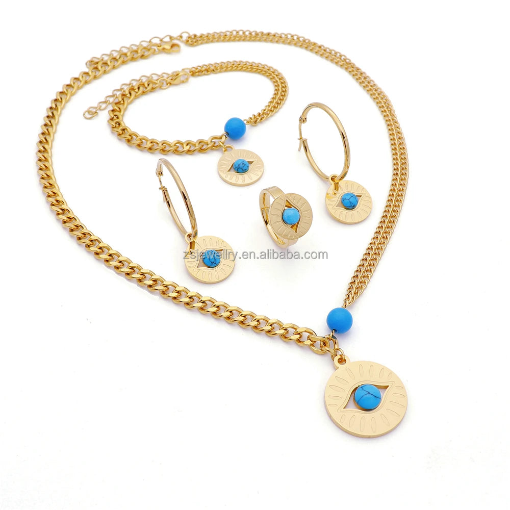 Bee Stainless Steel 18K Gold Plated Opal Stone Thick Chain Jewelry Sets Women Ring Chunky Jewelry Sets
