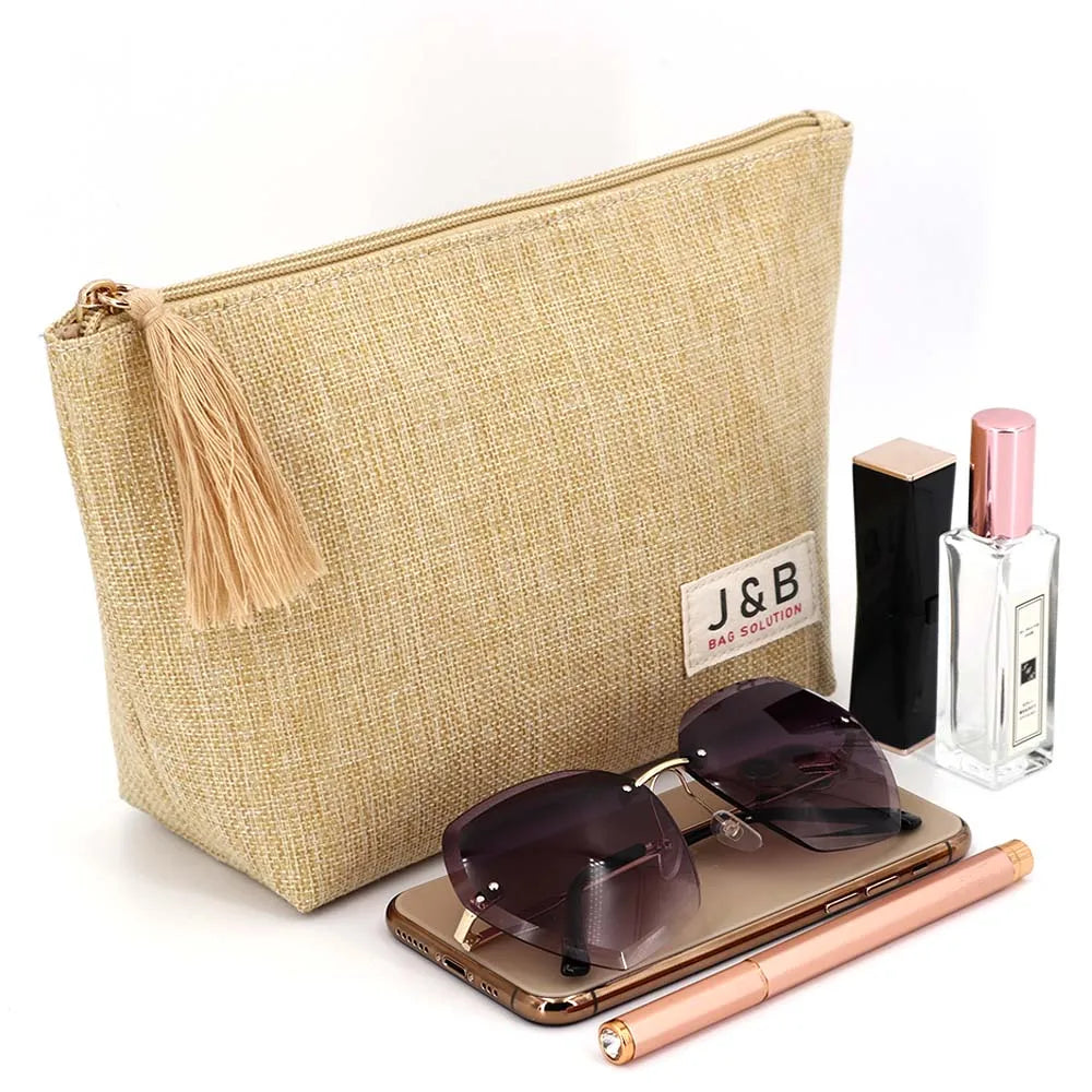 New Listing Linen Makeup Bag Tassel Cosmetic Bag With Private Label Custom Linen Pouch With Logo Fabric Pouch With Zipper