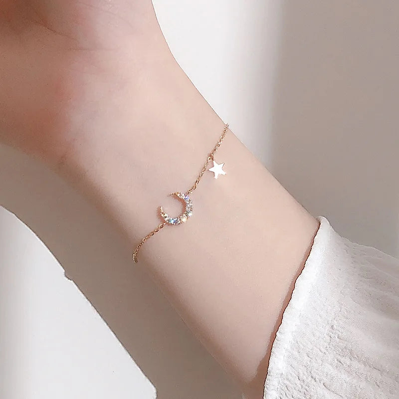 Korean Fashion INS Pure 925 Sterling Silver Zircon Moon and Star Charm Bracelets for Women Girls Jewelry
