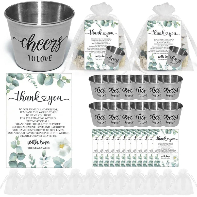 Damai Wedding Favors Wedding Cheers to Love Stainless Steel Shot Glasses Thank You Cards with Organza Bags for Wedding Newlyweds