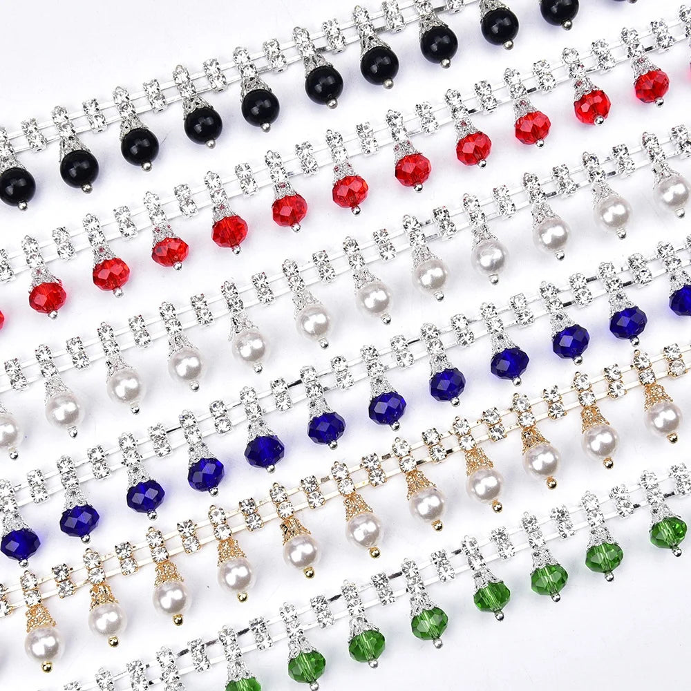 Colored 2cm Glass Crystal Beads Chain Pearl Rhinestone Tassel Trim Applique Sew on Wedding Dress Shoes Clothing Accessories
