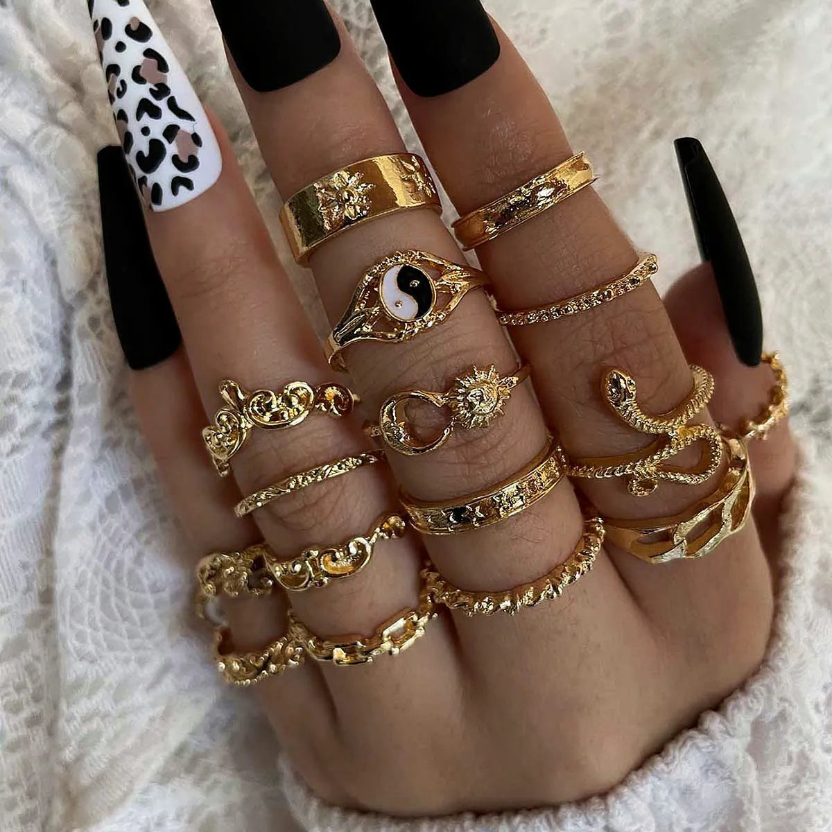 Wholesale Vintage Knuckle Rings Set Sun Moon Snake Tree Flower Ring 16 Piece Gothic Ring Set