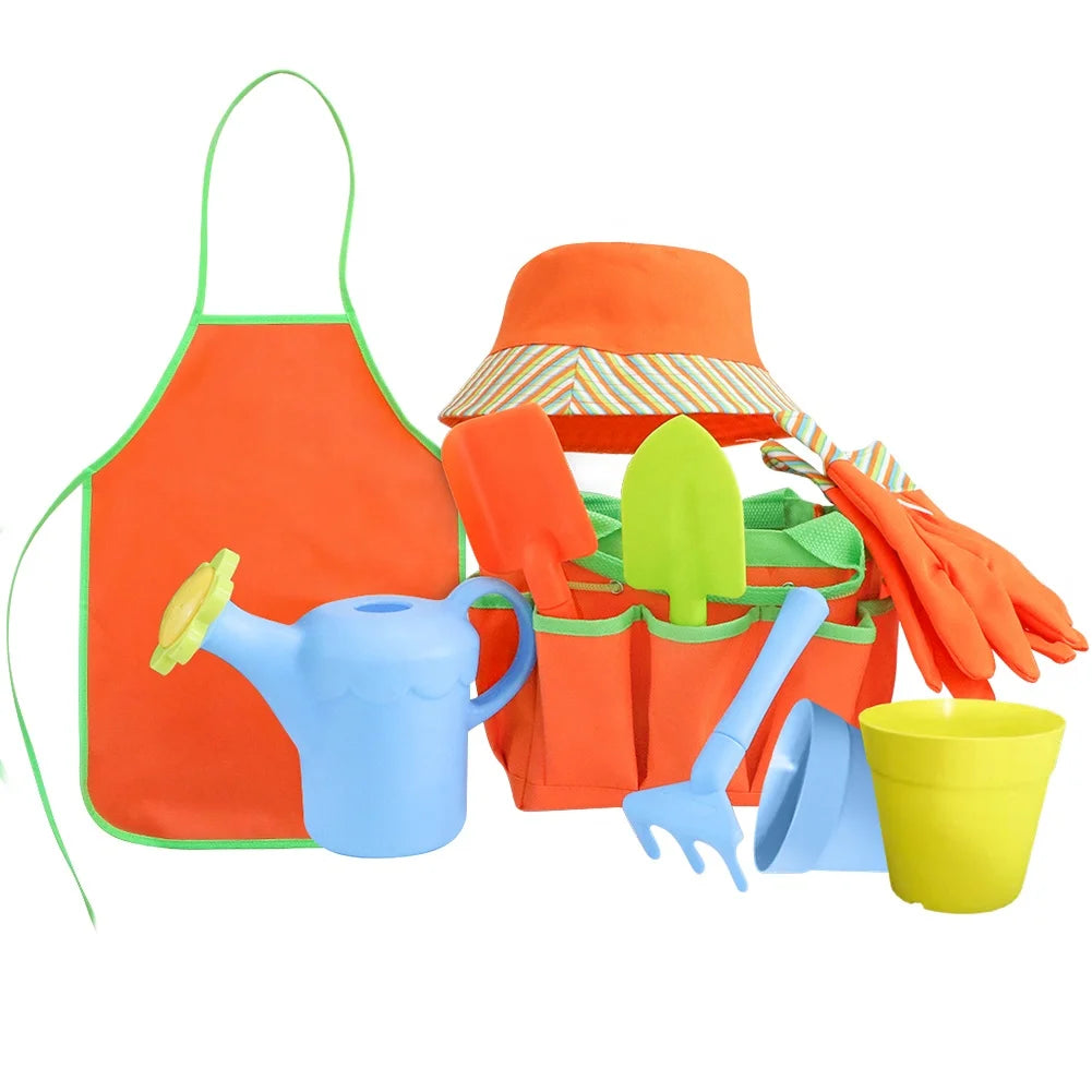 Kids Gardening Set with Garden Hand Tools Reversible Hat Apron Gloves Plastic Watering Can Tools Bag Planter Educational Toy