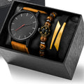 Men's Antique Business Fashion Casual Alloy Leather Band Quartz Watch + Crown Tiger Eye Stone & Alloy Bracelet Gift Set