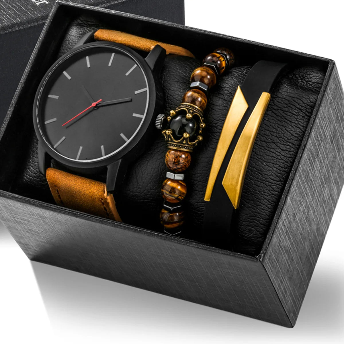 Men's Antique Business Fashion Casual Alloy Leather Band Quartz Watch + Crown Tiger Eye Stone & Alloy Bracelet Gift Set