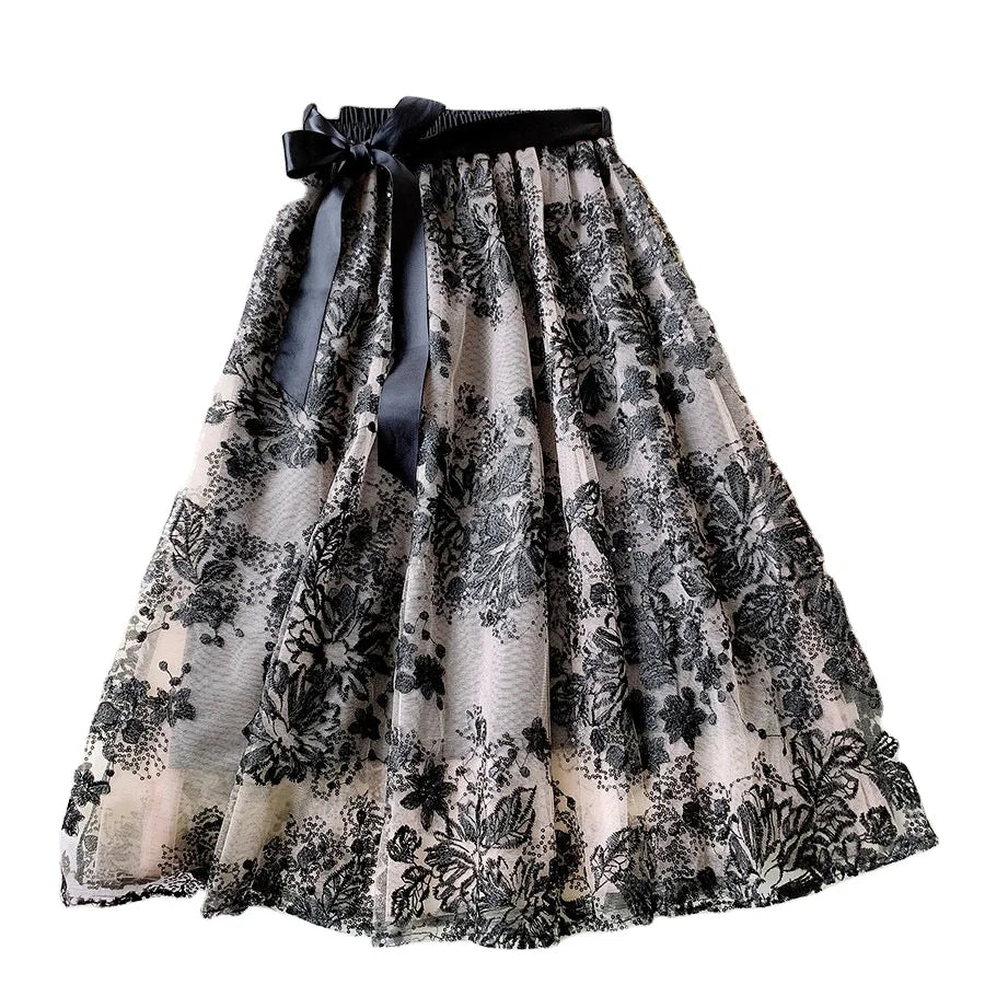 2024 Vintage Women Skirt Summer Sequins Embroidery Flower Fashion Black Gauze Elegant Cotton Breathable Ladies Mid Length Skirts