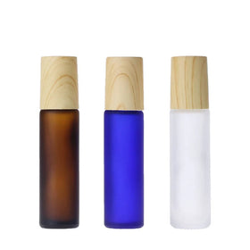 10ml Empty Round Glass Bottle Woodgrain Plastic Cap Roll on Amber Blue Clear Frosted Screen Printed Essential Oil Cosmetic