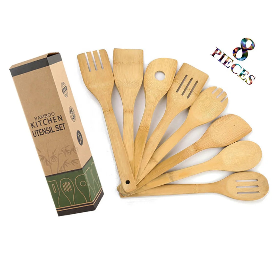Natural Eco-Friendly Bamboo Kitchen Cooking Utensils Food Safe Modern 8 Piece Tools Spoon Fork Spatula Set Wholesale