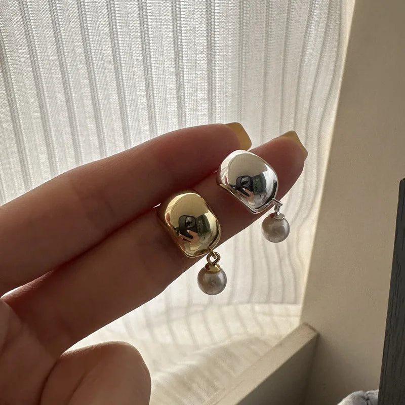 Vintage 925 Sterling Silver Simulated Pearl Round Chunky Stud Earrings for Women Gifts Jewelry