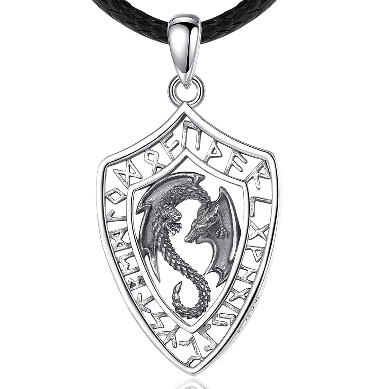 Fashion Jewelry 925 Sterling Silver Amulet Protection Charm Norse Viking Rune Dragon Pendant Necklace for Men