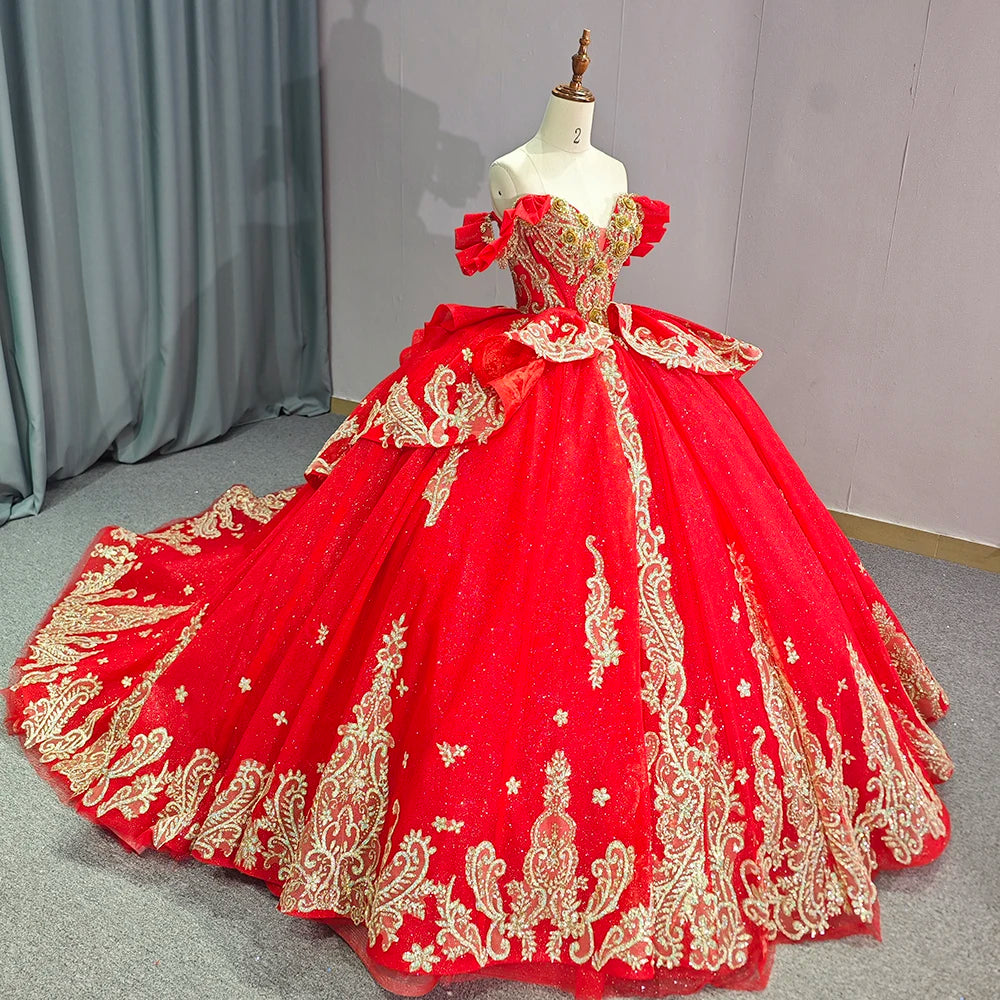 Jancember 1261 Classic Red Off Shoulder Lace Quinceanera Party Girls Dresses