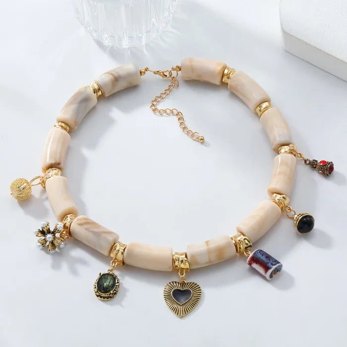 New Design Resin Bamboo Choker Necklace Alloy Pearl Crystal Heart-shaped Pendant Necklace Jewelry