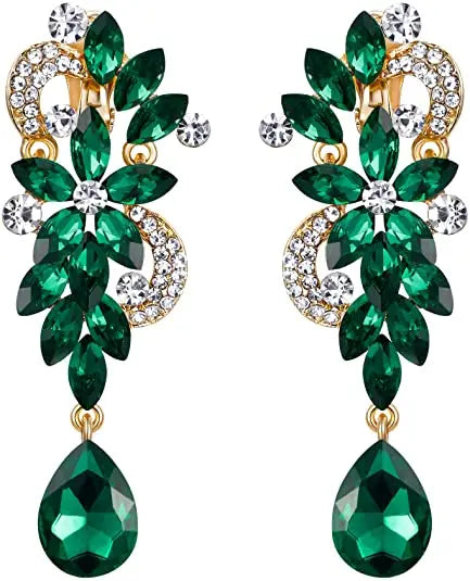 Women's Boho Crystal Flower Wedding Bride Teardrop Shiny Clip-on Pendant Earrings