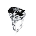 Vintage Onyx Rectangle Carved Flower Black Agate Ring Party Dropshipp Jewelry Woman Ring Gemstone  925 Sliver Rings