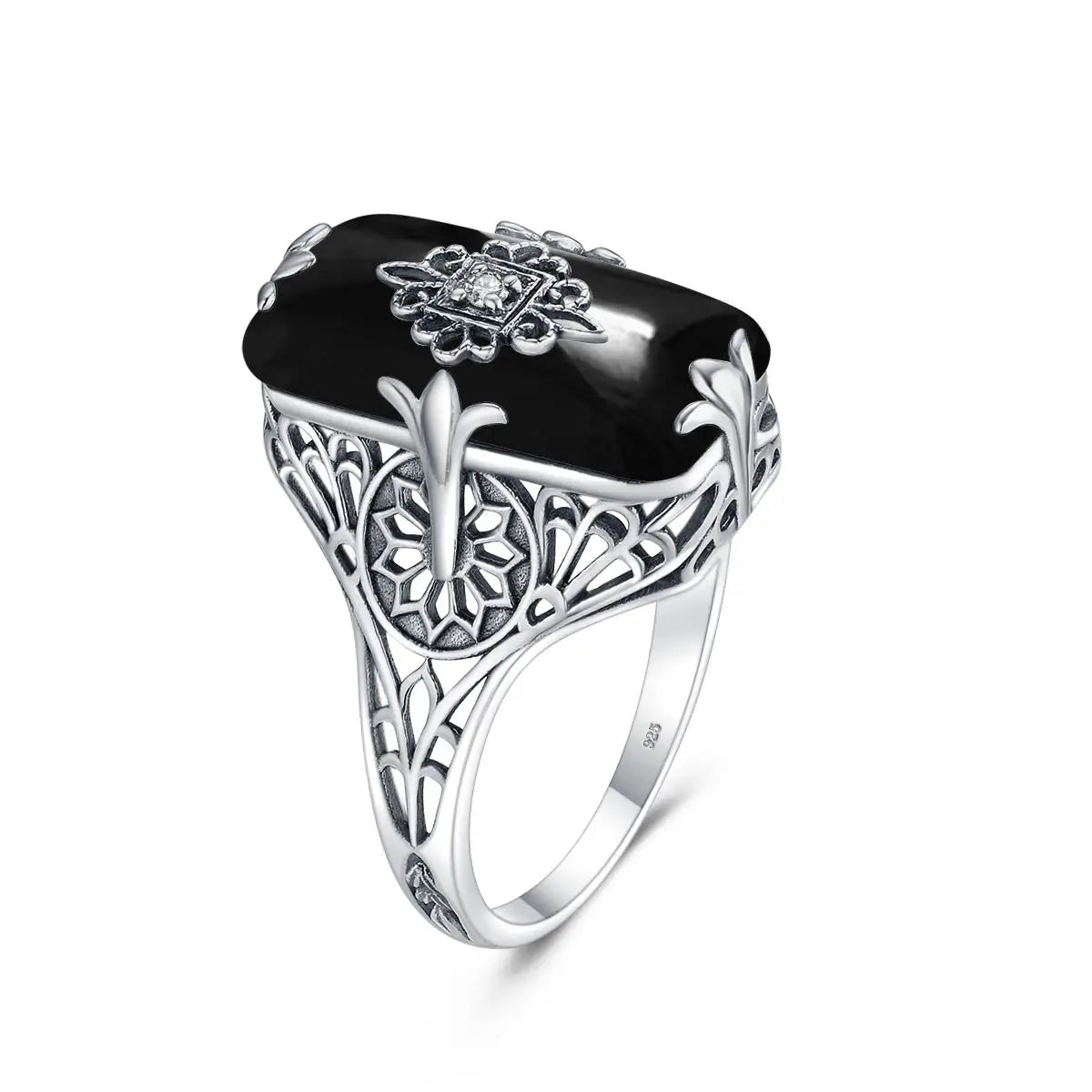 Vintage Onyx Rectangle Carved Flower Black Agate Ring Party Dropshipp Jewelry Woman Ring Gemstone 925 Sliver Rings