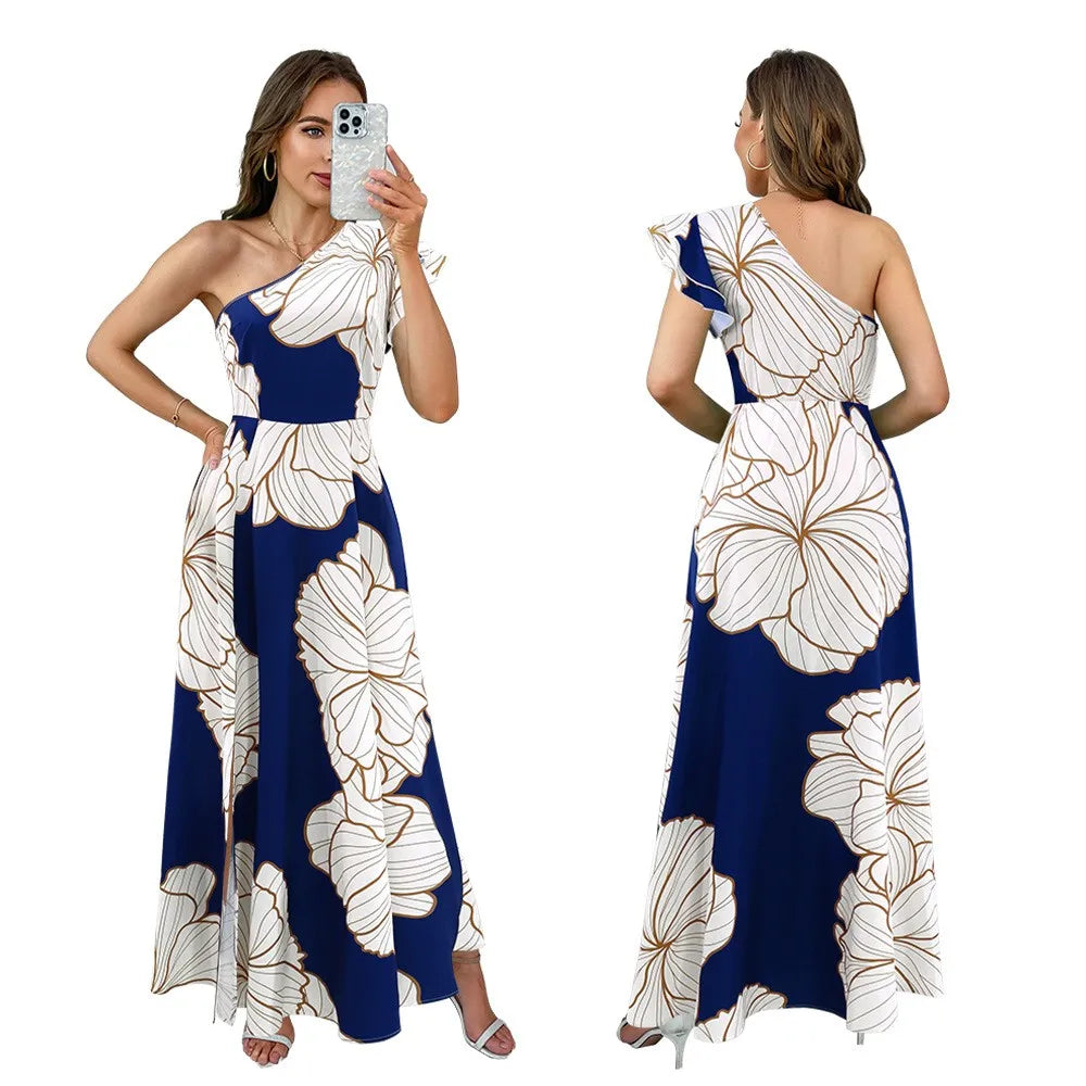 Y10594 Latest Design Summer Dresses Women Casual Elegant Slant Collar Backless Zipper High Slit Long Dresses Women Printed Dress