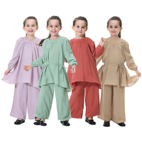 Modest Malaysia Boutique Kids Girl's Suits Baby 2 Piece Set Long Sleeve Muslim Clothes for Children C0038